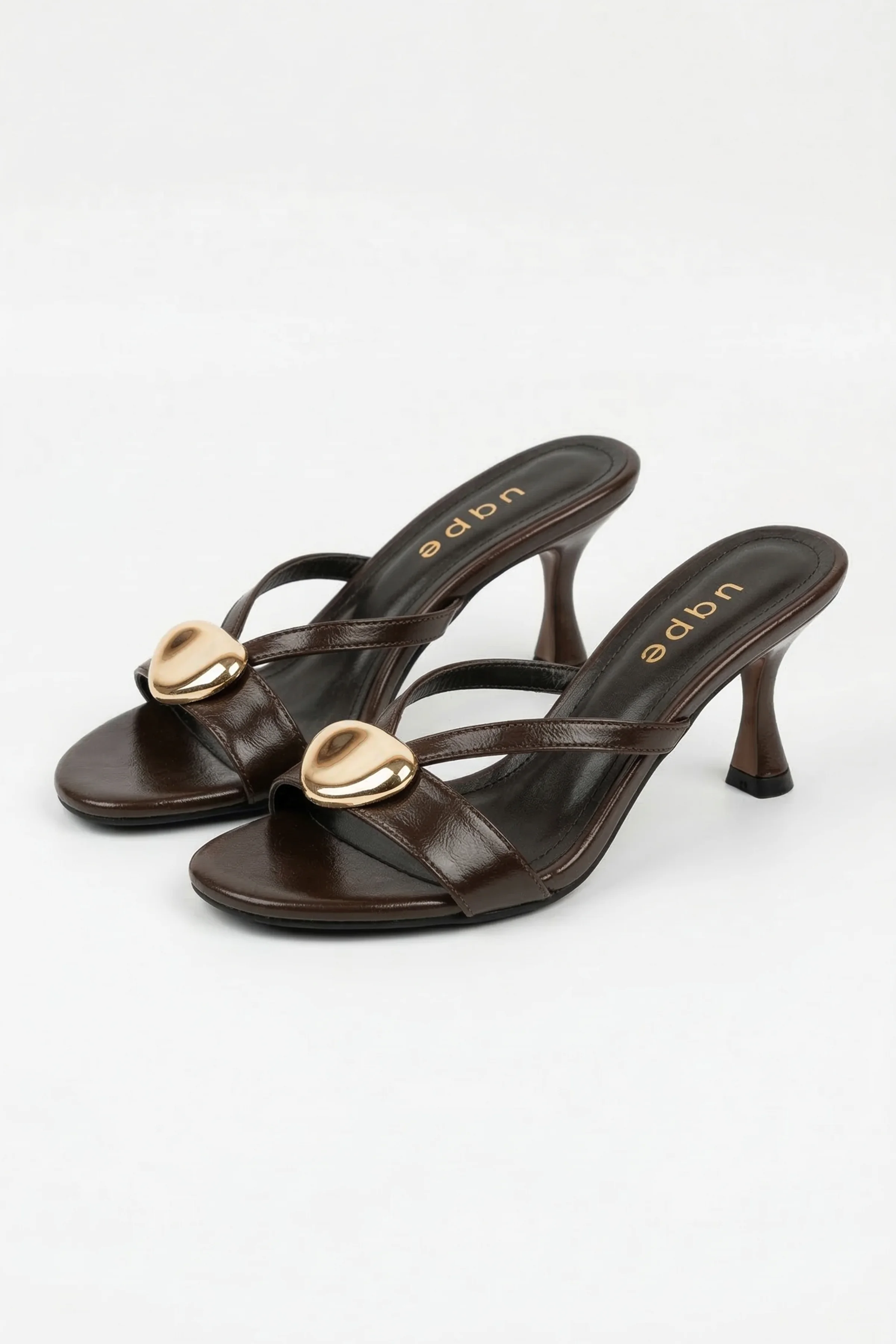 Raven Büyük Gold Aksesuarlı Çapraz Bantlı Kadeh Topuklu Terlik - KAHVE KIRIŞIK