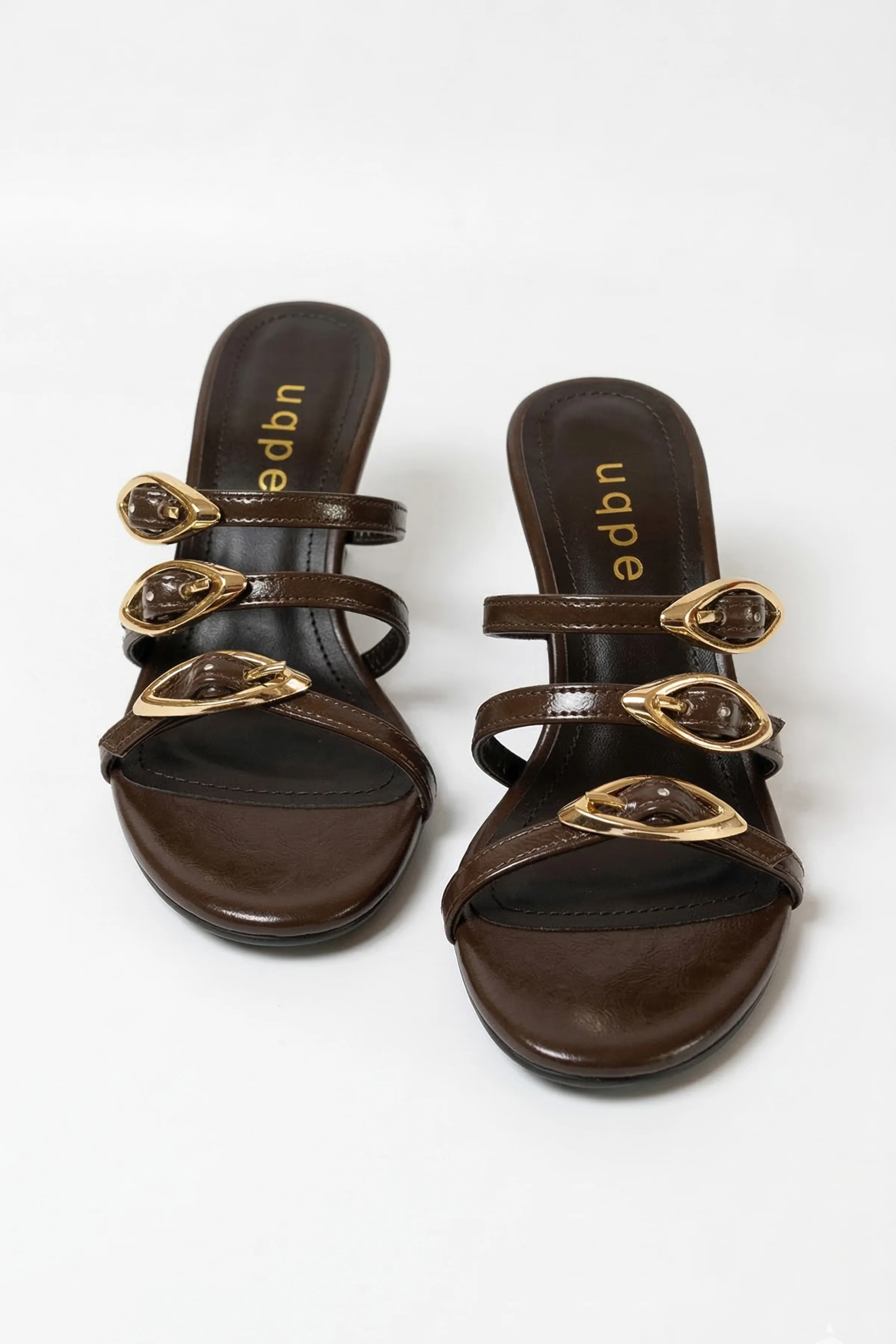 Vita Gold Toka Detaylı Üç Bantlı Topuklu Kadın Terlik - KAHVE KIRIŞIK