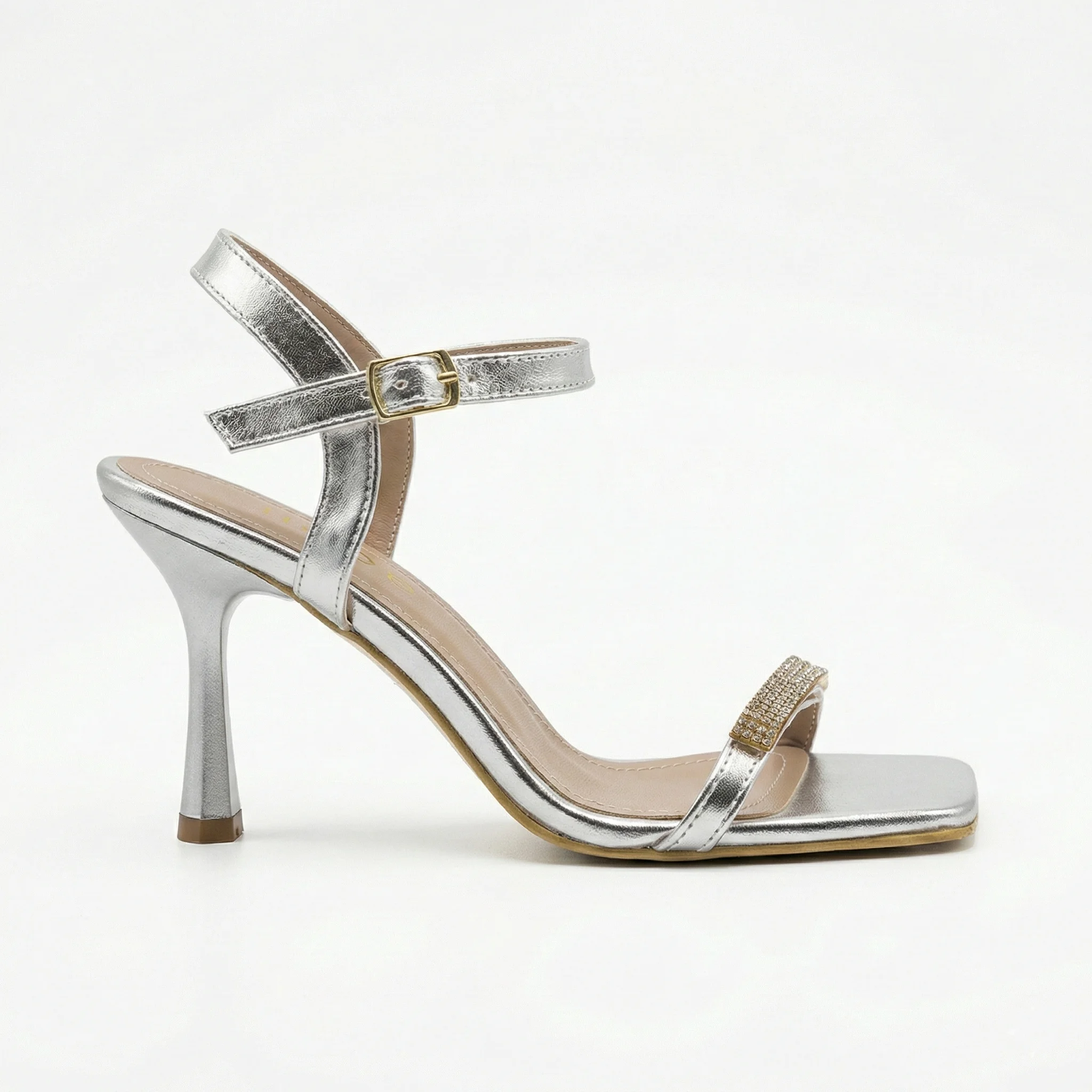 Tilda Gold Taşlı İnce Bantlı Kadeh Topuklu Abiye Sandalet - GÜMÜŞ FOLYO