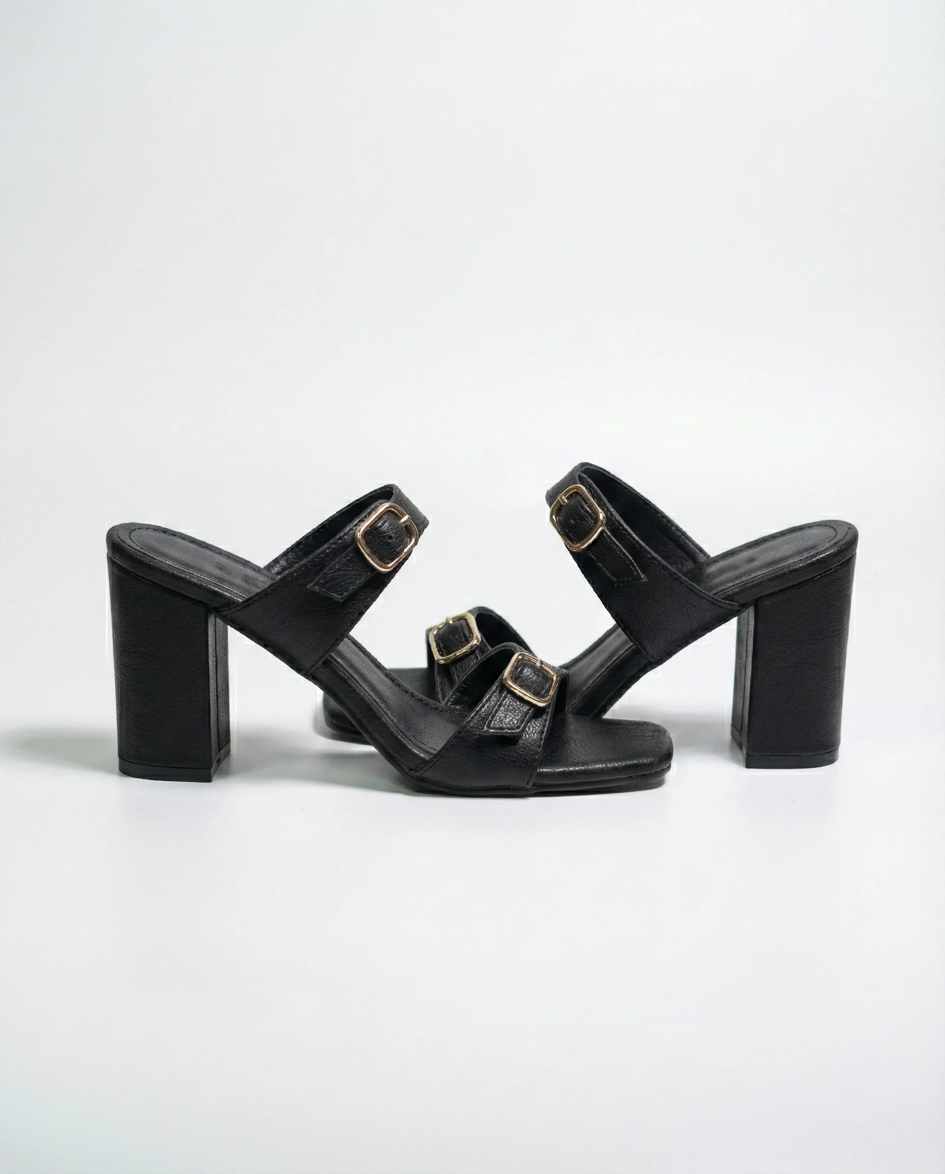 Belvia Çift Bantlı Toka Detaylı Topuklu Mule Terlik - SİYAH REAL