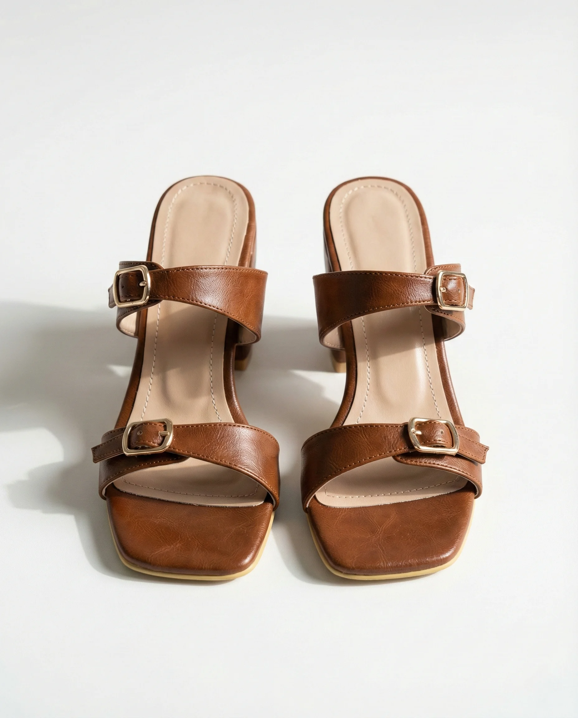 Belvia Çift Bantlı Toka Detaylı Topuklu Mule Terlik - TABA REAL