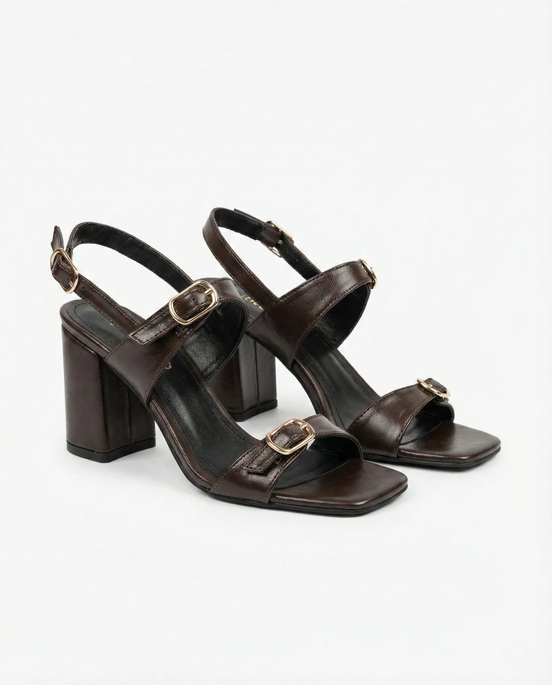 Laris Çift Tokalı Küt Burun Topuklu Sandalet Serisi - KAHVE KIRIŞIK