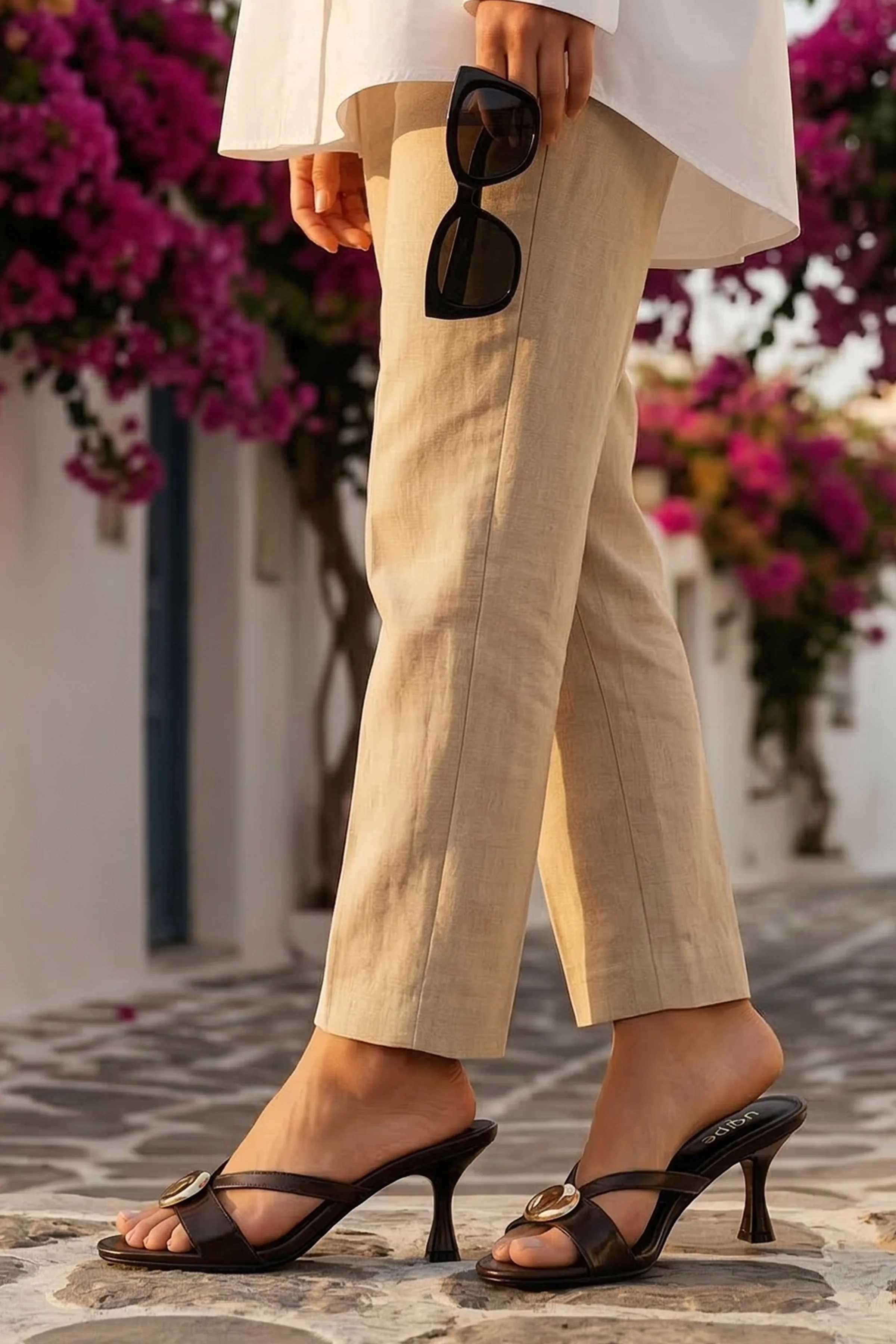 Raven Büyük Gold Aksesuarlı Çapraz Bantlı Kadeh Topuklu Terlik - KAHVE KIRIŞIK