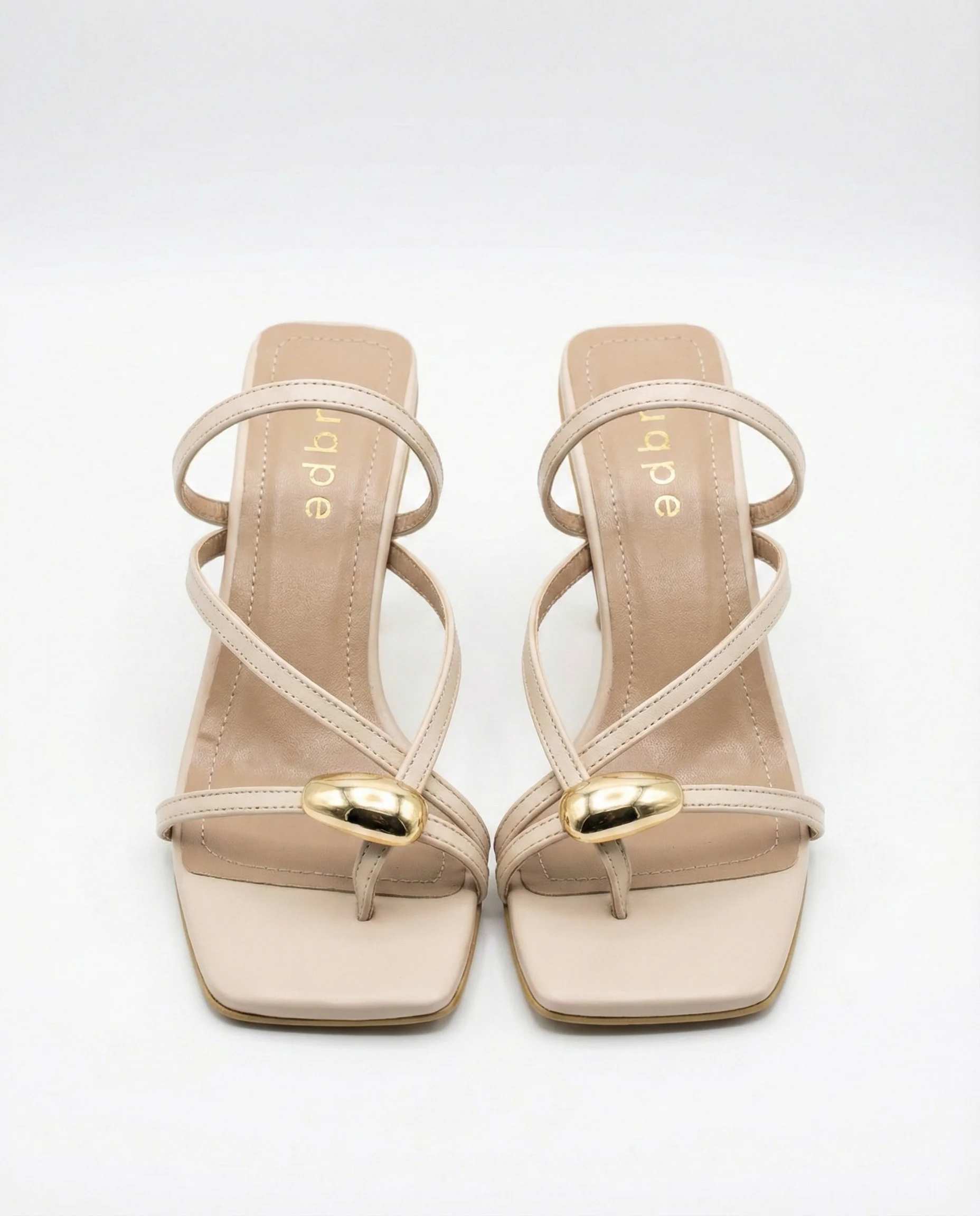 Dalia Gold Aksesuarlı İnce Bantlı Kadeh Topuklu Terlik - EKRU CİLT