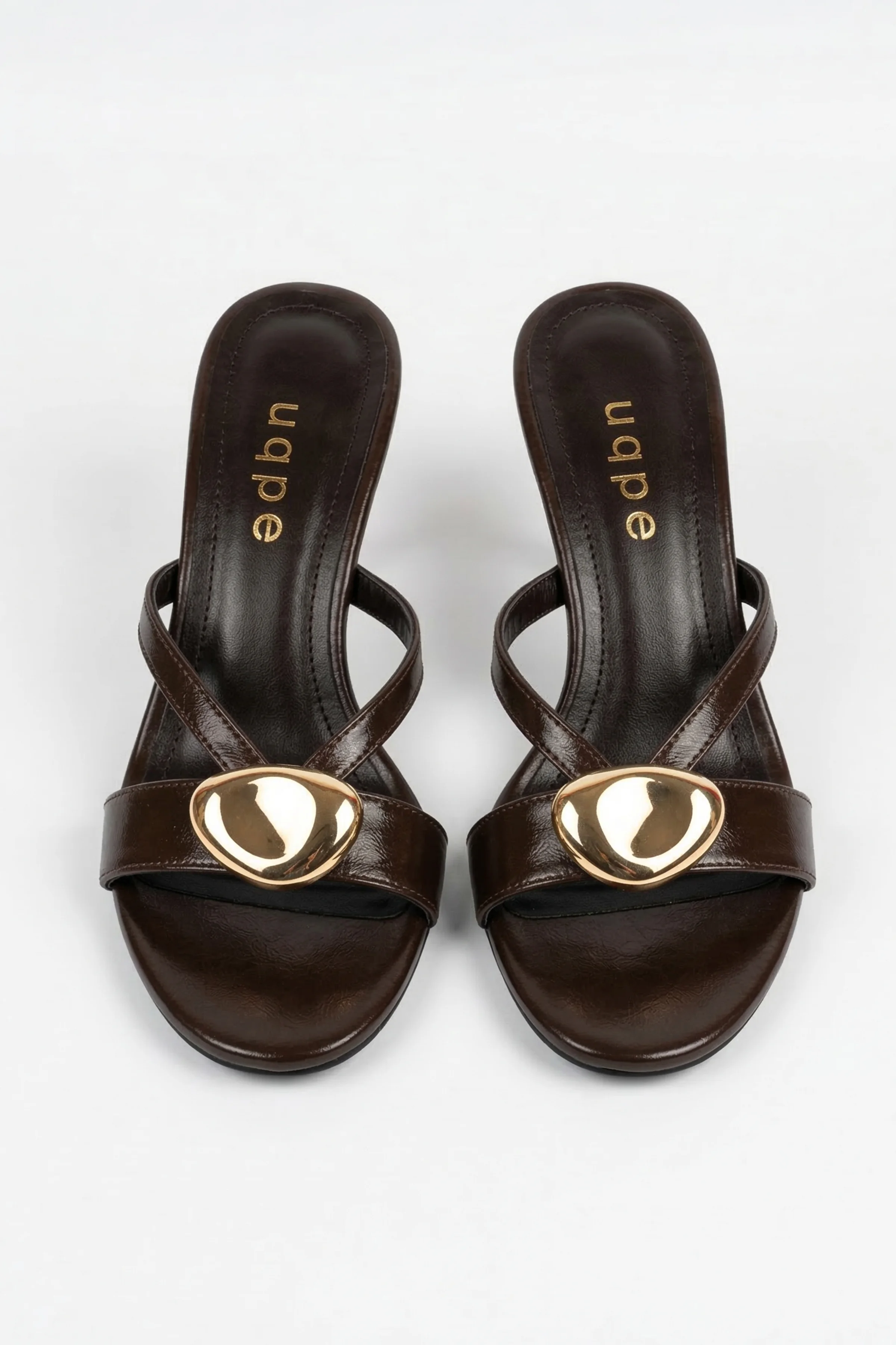 Raven Büyük Gold Aksesuarlı Çapraz Bantlı Kadeh Topuklu Terlik - KAHVE KIRIŞIK