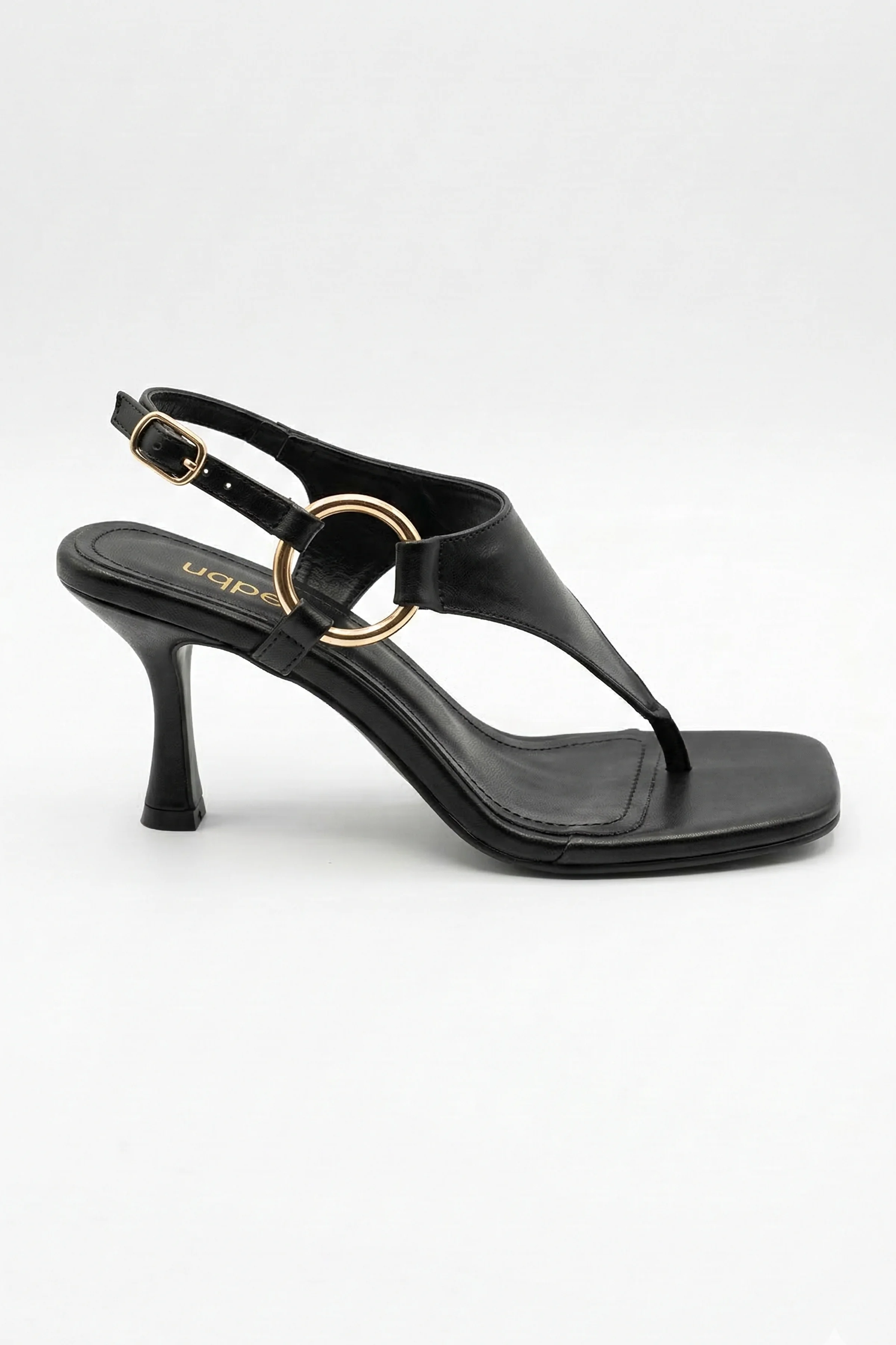Sara Gold Halka Detaylı Parmak Arası Kadeh Topuklu Kadın Sandalet - SİYAH