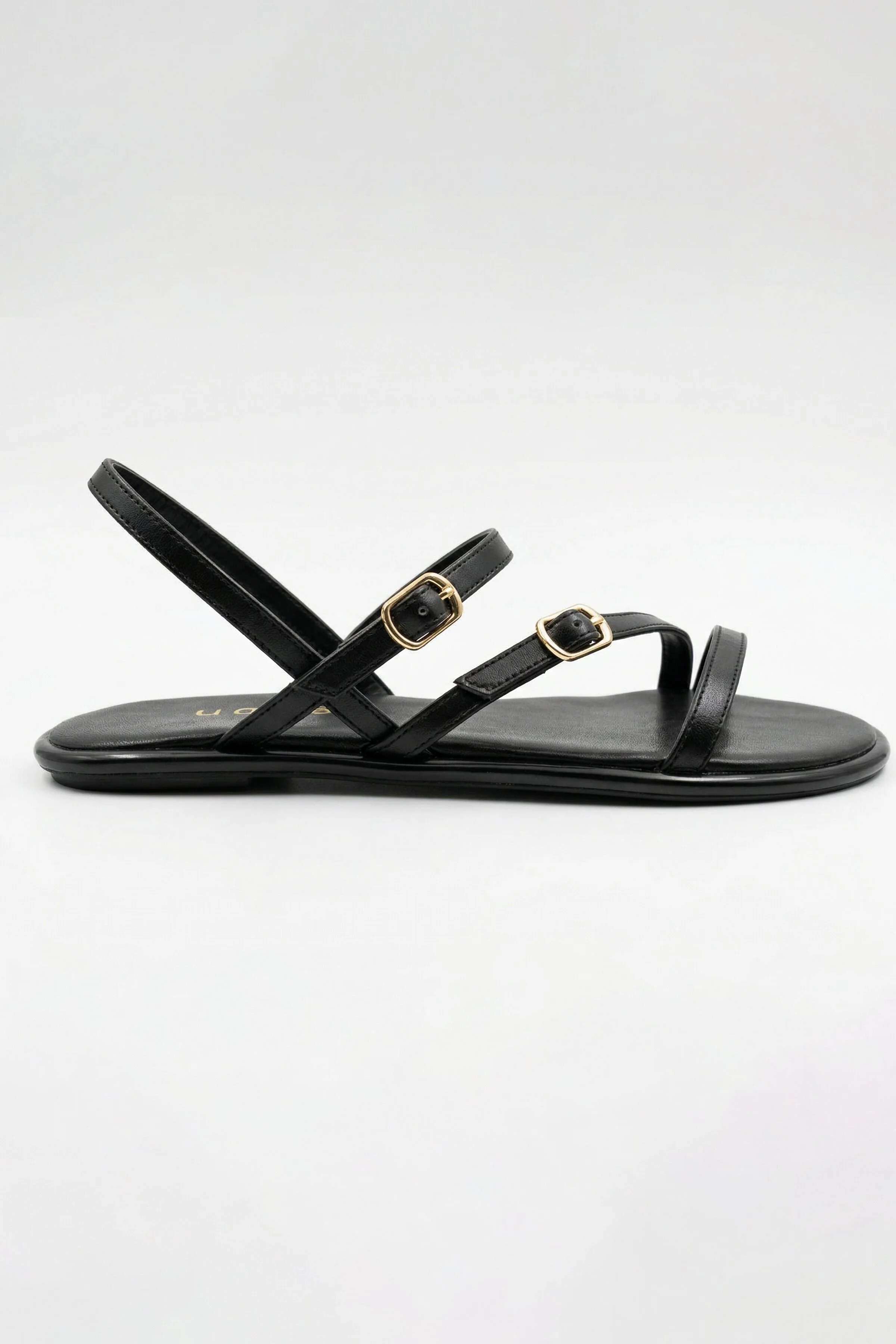 Tina İnce Çapraz Bantlı Tokalı Düz Taban Kadın Sandalet - SİYAH CİLT