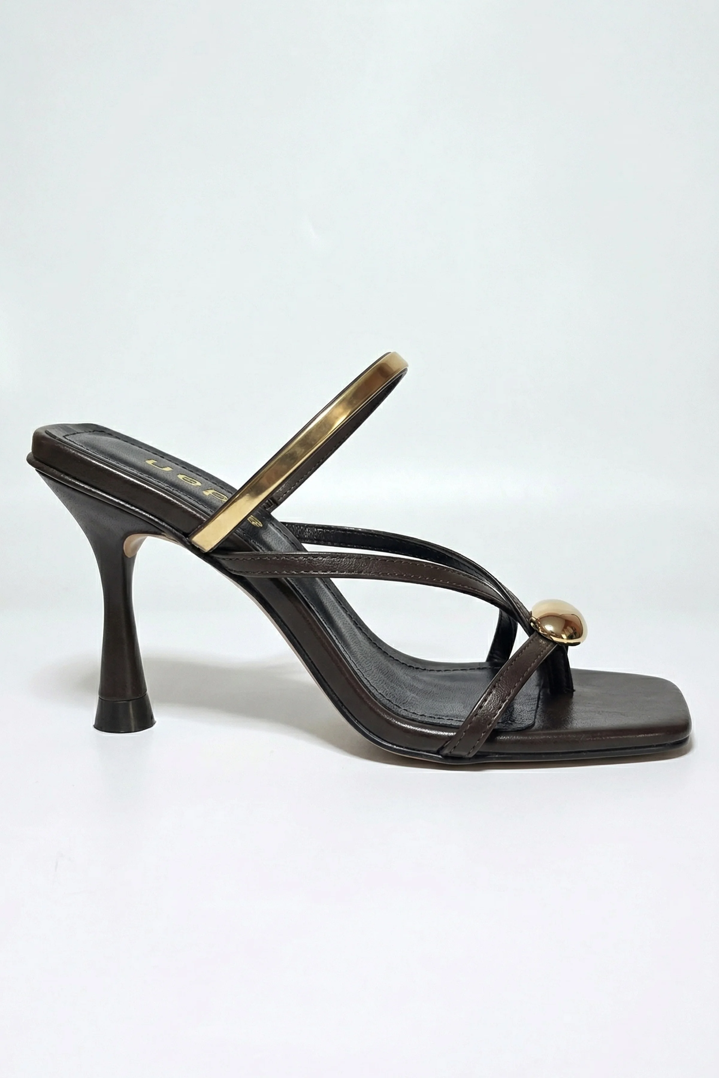 Dolia Gold Bantlı Parmak Arası Kadeh Topuklu Terlik - KAHVE