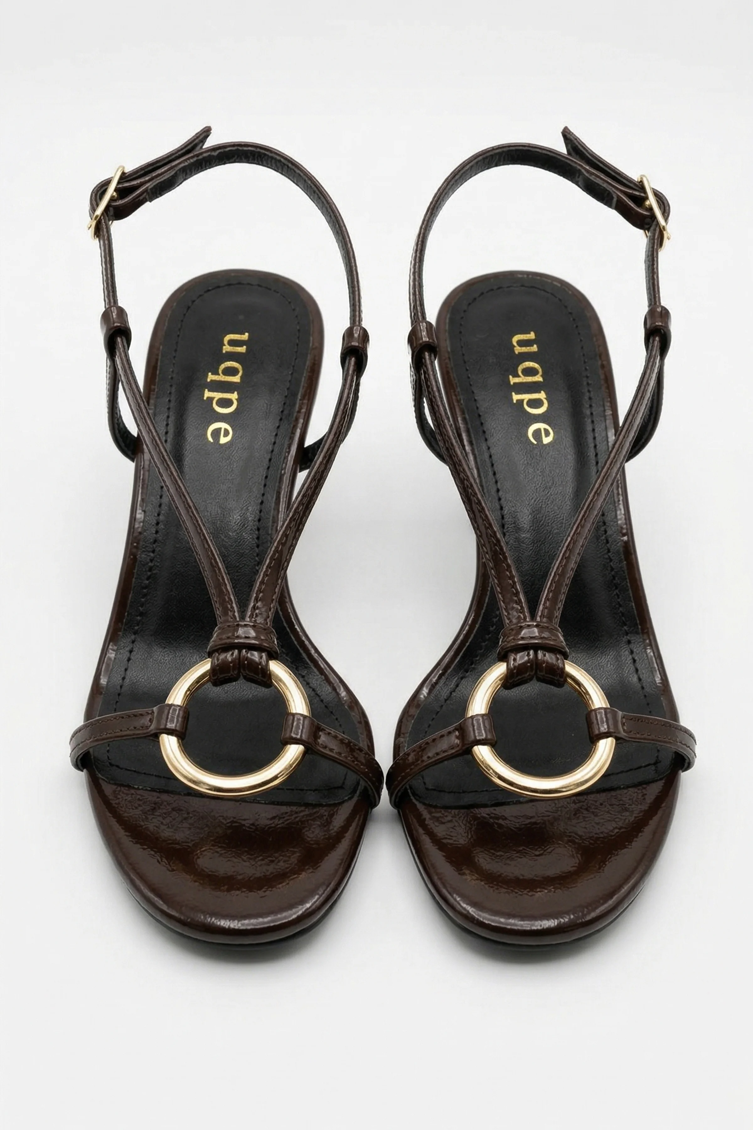 Selly Gold Halka Detaylı İnce Bantlı Kadeh Kadın Topuklu Sandalet - KAHVE KIRIŞIK